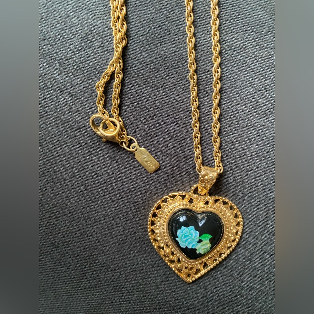 1928 Brand Victorian Inspired Gold Tone Black Heart Painted Floral Pendant - 28”
